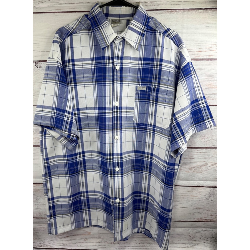 CalTop Mens Blue White Plaid Short Sleeve Button Up Shirt Made in USA‎
